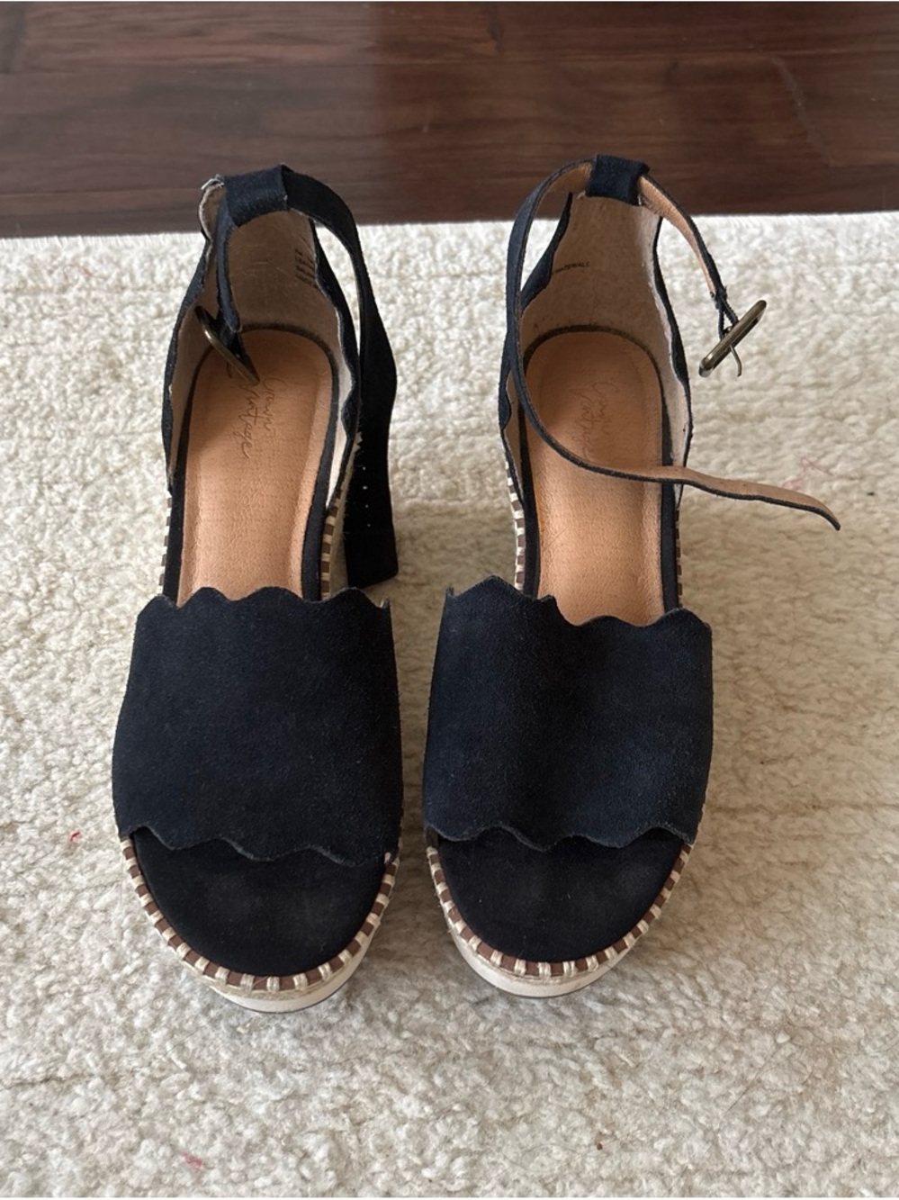 Black Suede Scallop Ankle-Strap Platform Sandals